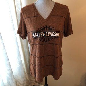 Harley-Davidson Orange/Black Embroidered Striped V-Neck Blouse